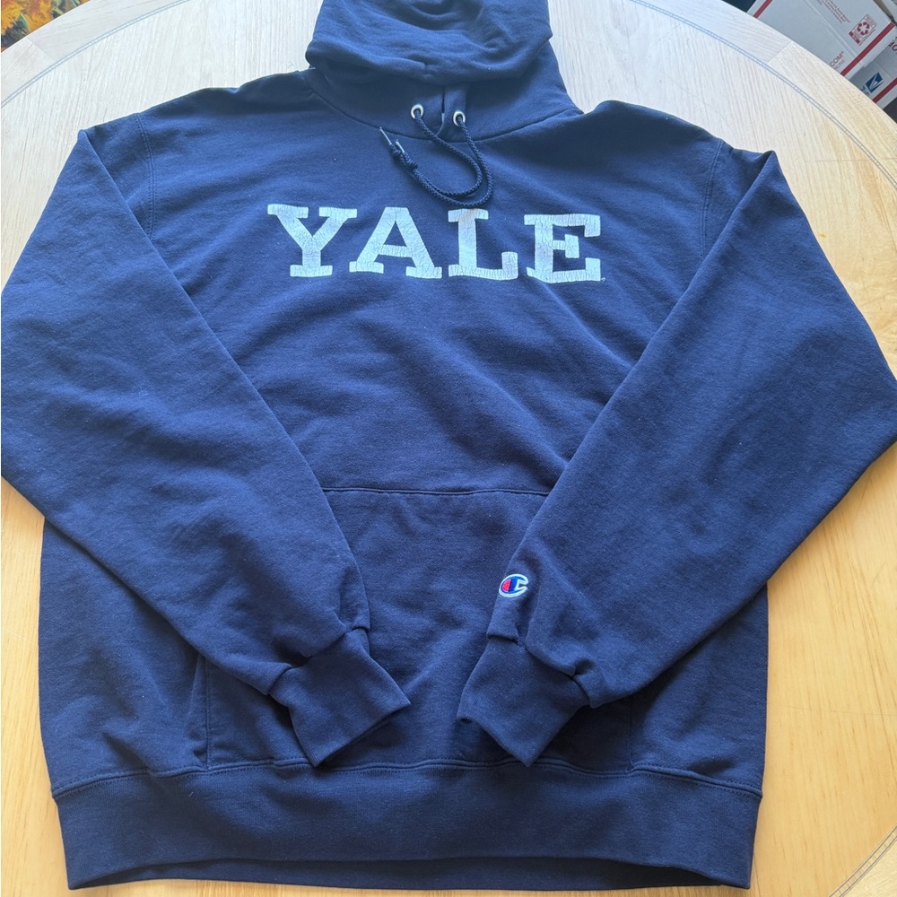 Champion Yale Hoodie Mens Large Navy Blue Spellout Sweatshirt College Ivy League